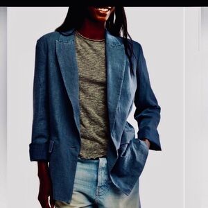 Free People Relaxed Linen Blazer Preppy Striped lined washable Vintage Indigo XL